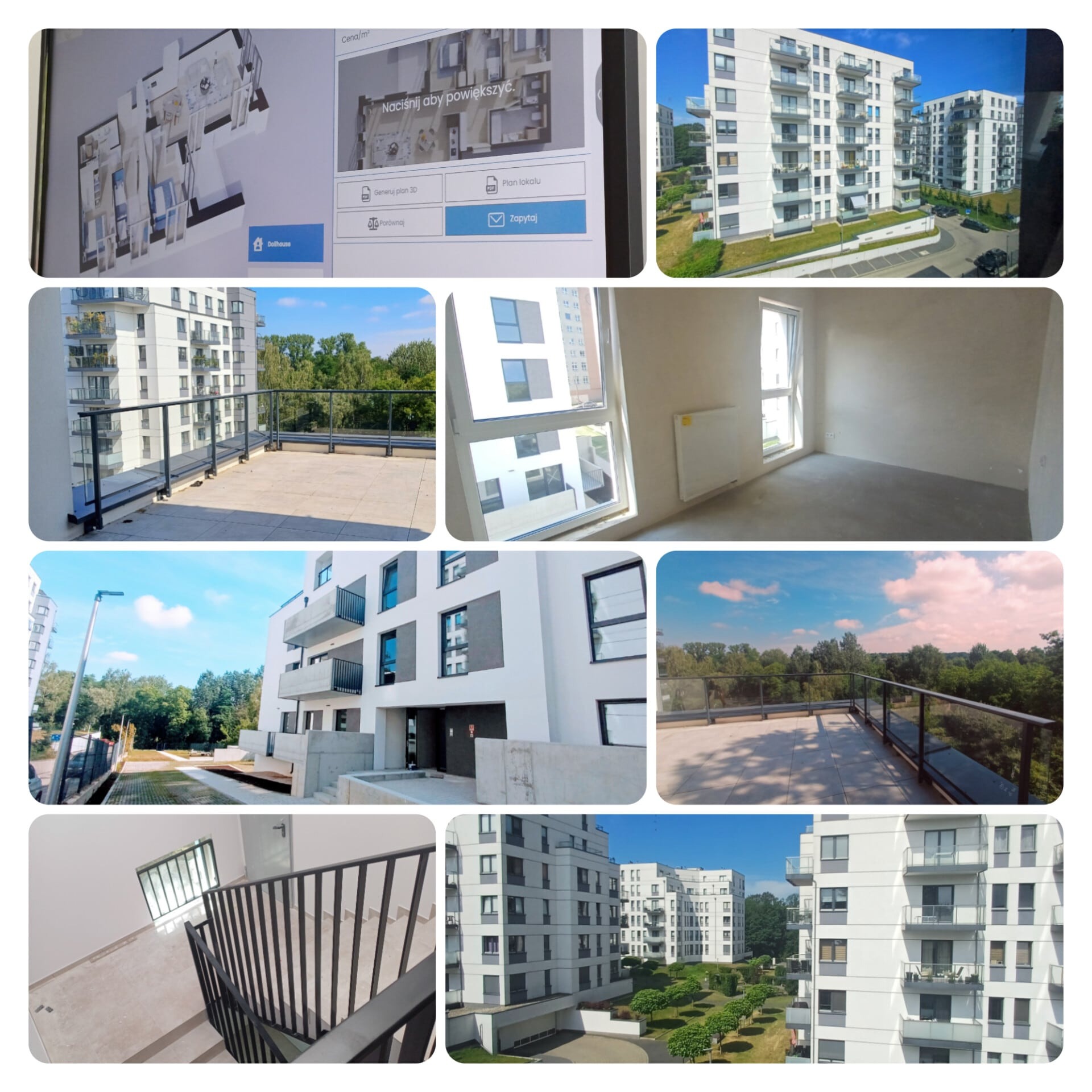 Kolaż zdjęć nowego, wielopiętrowego budynku mieszkalnego z balkonami, widoków z balkonu, klatki schodowej i planu mieszkania na ekranie urządzenia.