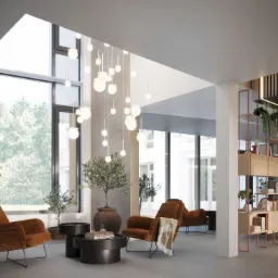 Wizualizacja 3D przestronnego wnętrza z wysokim oknem, brązowymi fotelami, stolikami kawowymi, drzewkami w donicach i dekoracyjnym oświetleniem wiszącym.