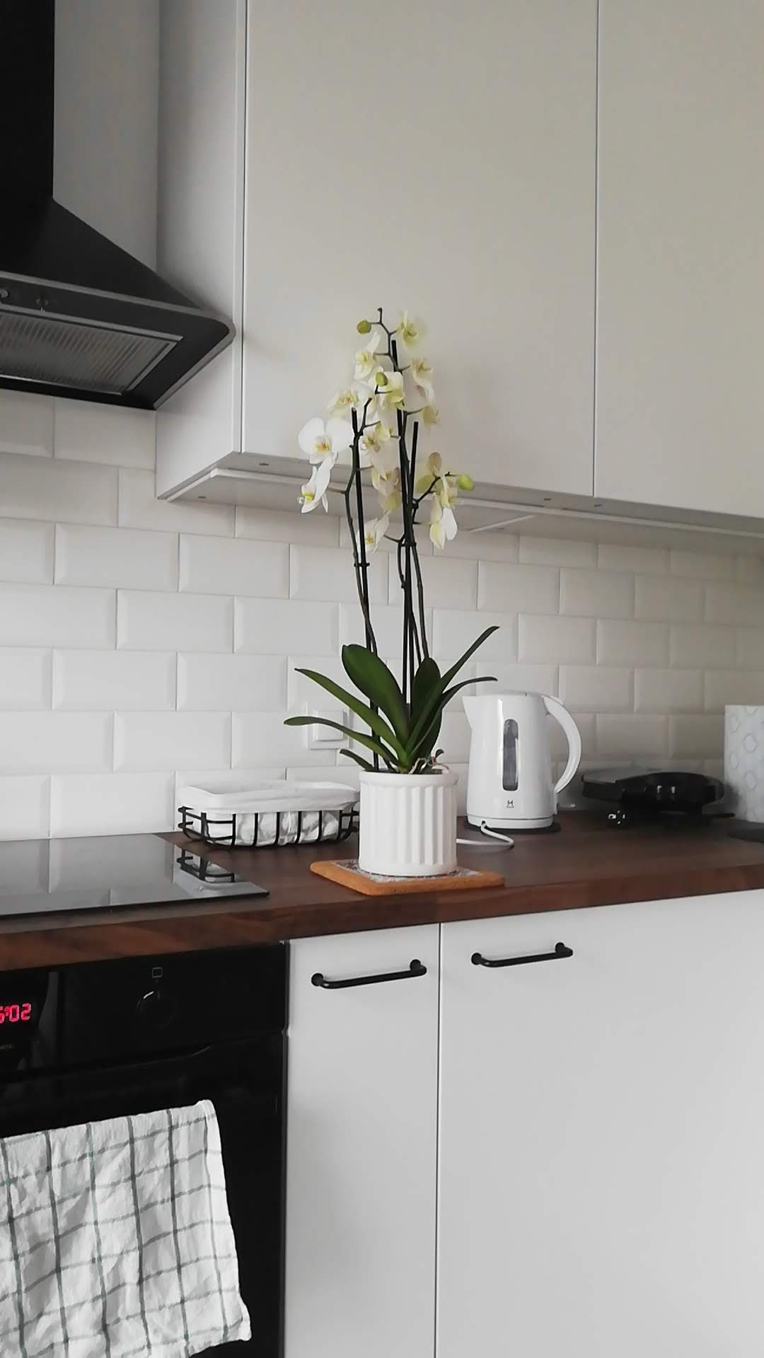 Nowoczesna kuchnia z białymi szafkami, brązowym blatem i białymi płytkami metra na ścianie, ozdobiona kwitnącą orchideą w białej doniczce, czajnikiem elektrycznym i czarnym piekarnikiem z wiszącą...