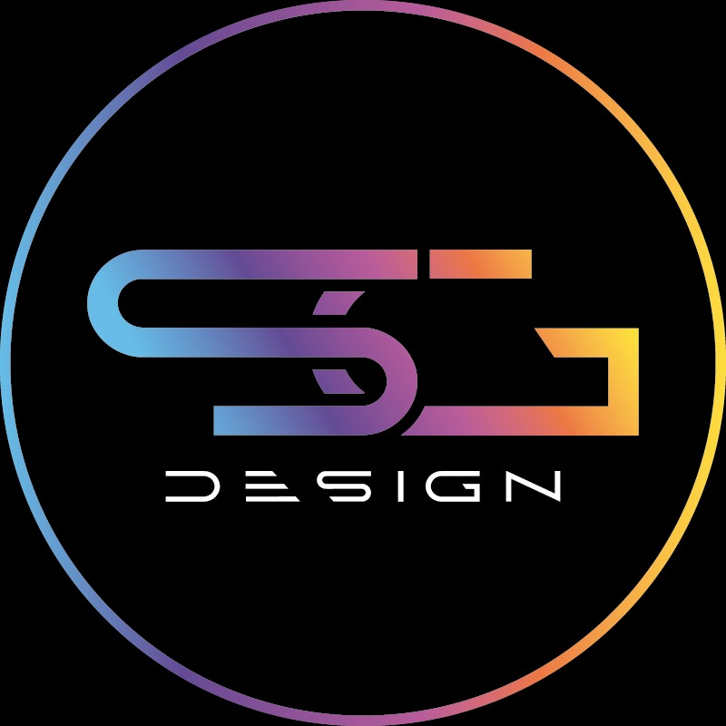 Abstrakcyjne logo z gradientem kolorów w okręgu na czarnym tle, przedstawiające stylizowany napis 'DESIGN' pod dwoma połączonymi literami.