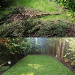 House&Garden K&K Sp z o o - Porównanie stanu trawnika przed i po: zaniedbana trawa z gałęziami kontra świeżo założony, równy trawnik z dekoracyjnymi kulami świetlnymi.