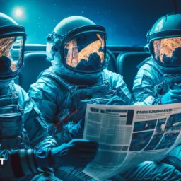 Trzech astronautów w kombinezonach siedzi obok siebie i czyta gazetę o kosmosie, w tle widać gwiazdy, a na dole logo Digital Heart.