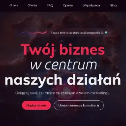 Strona internetowa firmy DigitalHeart z kosmicznym tłem, nagłówkiem 'Twój biznes w centrum naszych działań' i informacją o zasileniu strony przez AI.