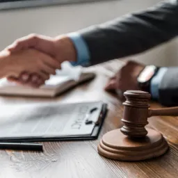 Uścisk dłoni nad drewnianym stołem w kancelarii w Poznaniu, obok leży umowa, czarny długopis i sędziowski młotek.