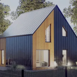 Wizualizacja nowoczesnego domu jednorodzinnego z grafitową blachą na elewacji i drewnianymi panelami, żółty sportowy samochód w tle, otoczenie zieleni.