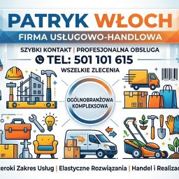 Firma Usługowo- Handlowa Patryk Włoch - Ilustracja firmy usługowo-handlowej Patryk Włoch z Dobrzycy. Grafika prezentuje szeroki zakres usług, od transportu po prace ogrodnicze i budowlane. Zawiera dane kontaktowe.