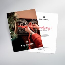 MONALINE-design - Dwa ulotki reklamowe: jedna prezentuje sweter w pudełku zawiązywany czerwoną wstążką, druga z podziękowaniem i informacjami kontaktowymi firmy.