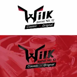 Dwa warianty logo 'Wilk garaż NO. 17 Classic Original': jeden na białym tle, drugi na tle czerwonego silnika samochodowego.