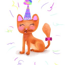 MONALINE-design - Ilustracja rudego kota w czapce urodzinowej, z kokardką na ogonie, otoczonego kolorowymi serpentynami na białym tle, podpisana 'Ania B'