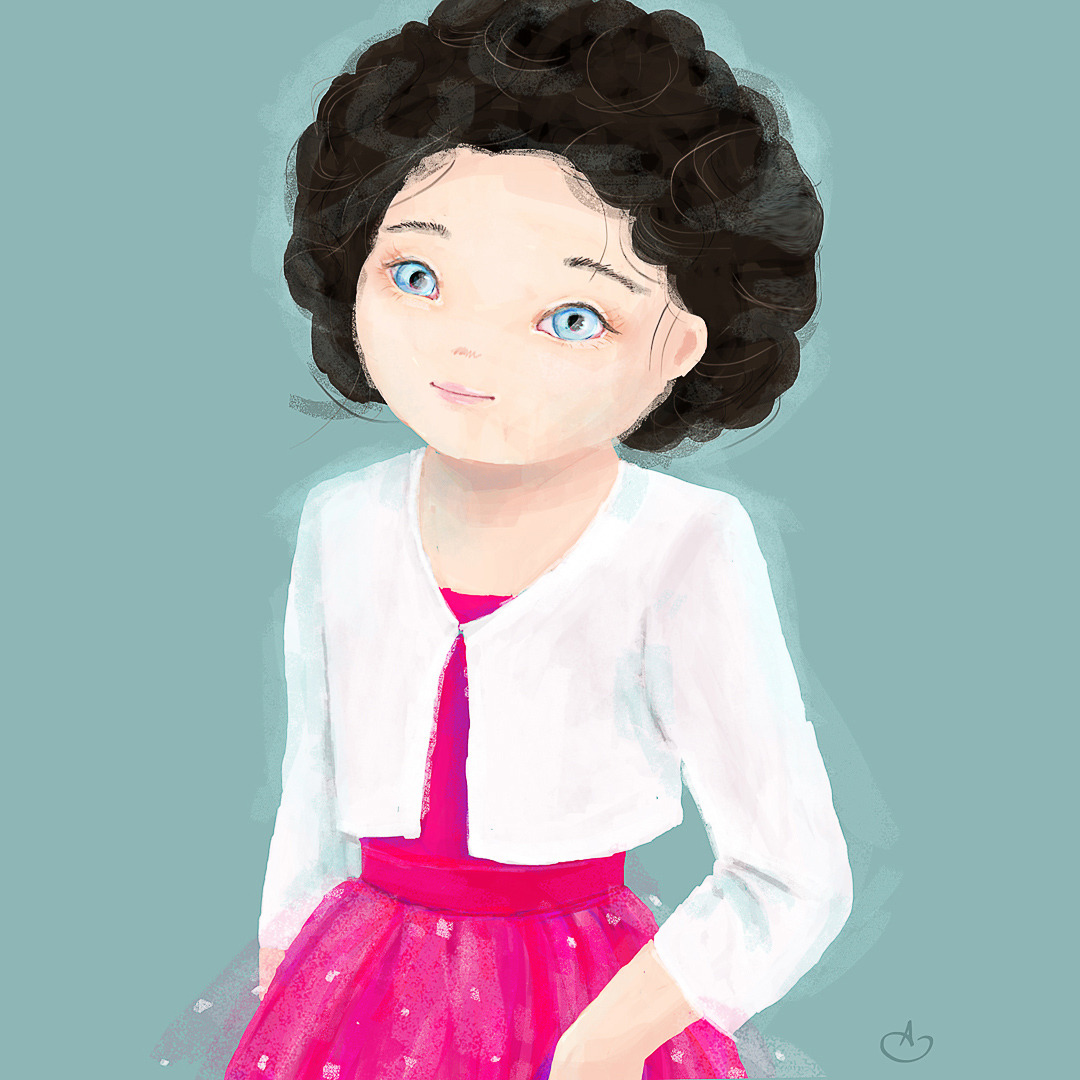 Cyfrowa ilustracja dziewczynki z kręconymi, ciemnymi włosami, jasnymi oczami i delikatnym uśmiechem, ubrana w różową sukienkę i biały sweterek na tle turkusowym.