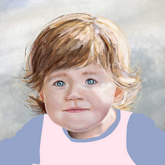 Cyfrowa ilustracja portretowa dziecka z jasnymi włosami i niebieskimi oczami, w pastelowej koszulce, na rozmytym tle.