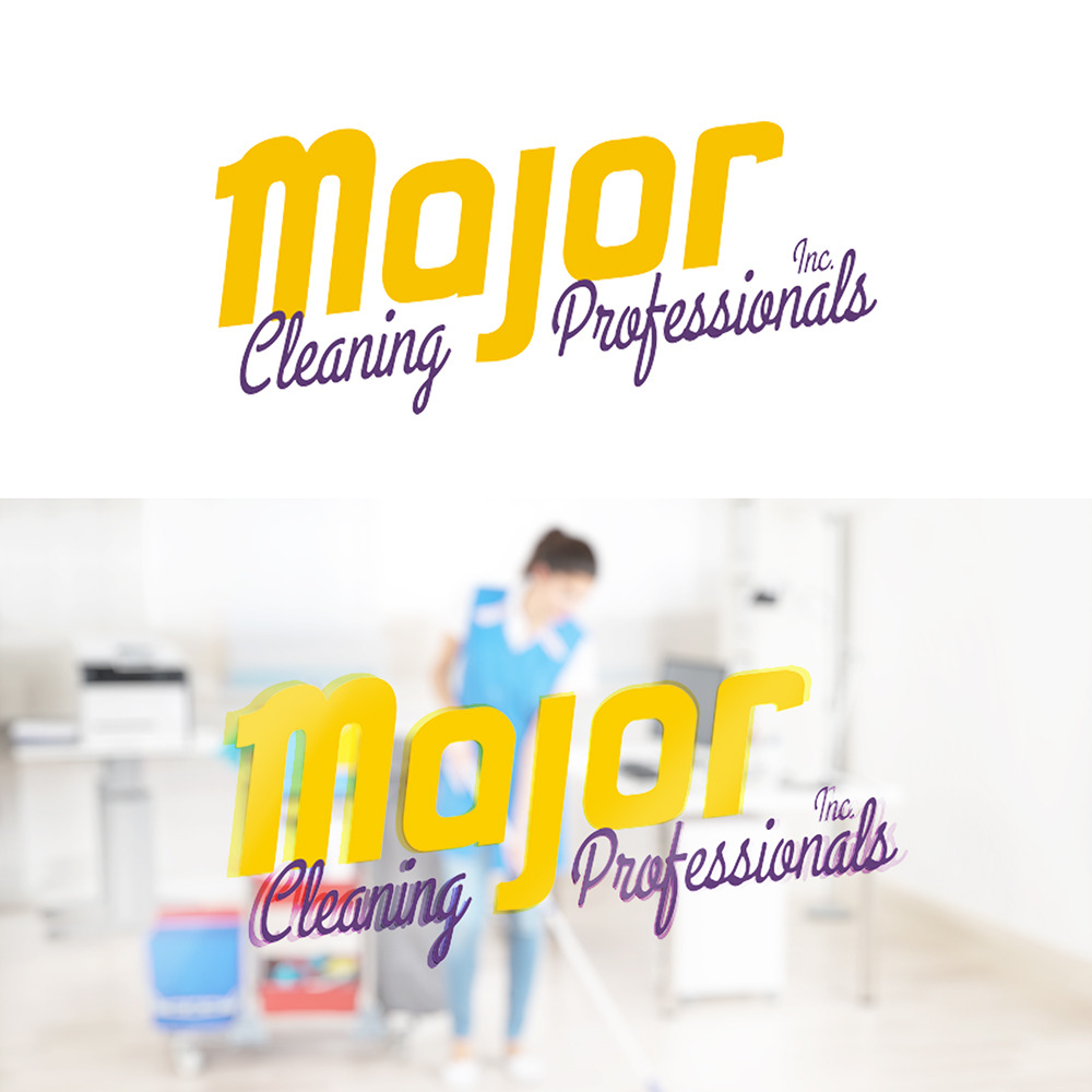Projekt logo dla firmy sprzątającej 'Major Cleaning Professionals Inc.', z nałożonym półprzezroczystym efektem na zdjęcie kobiety sprzątającej biuro.