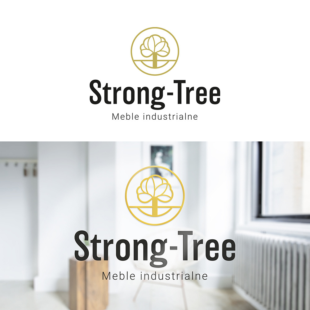 Projekt logo 'Strong-Tree' z motywem drzewa w złotym okręgu, nad napisem 'Strong-Tree' i podtytułem 'Meble industrialne', zaprezentowany w dwóch wariantach: na białym tle oraz w aranżacji wnętrza...