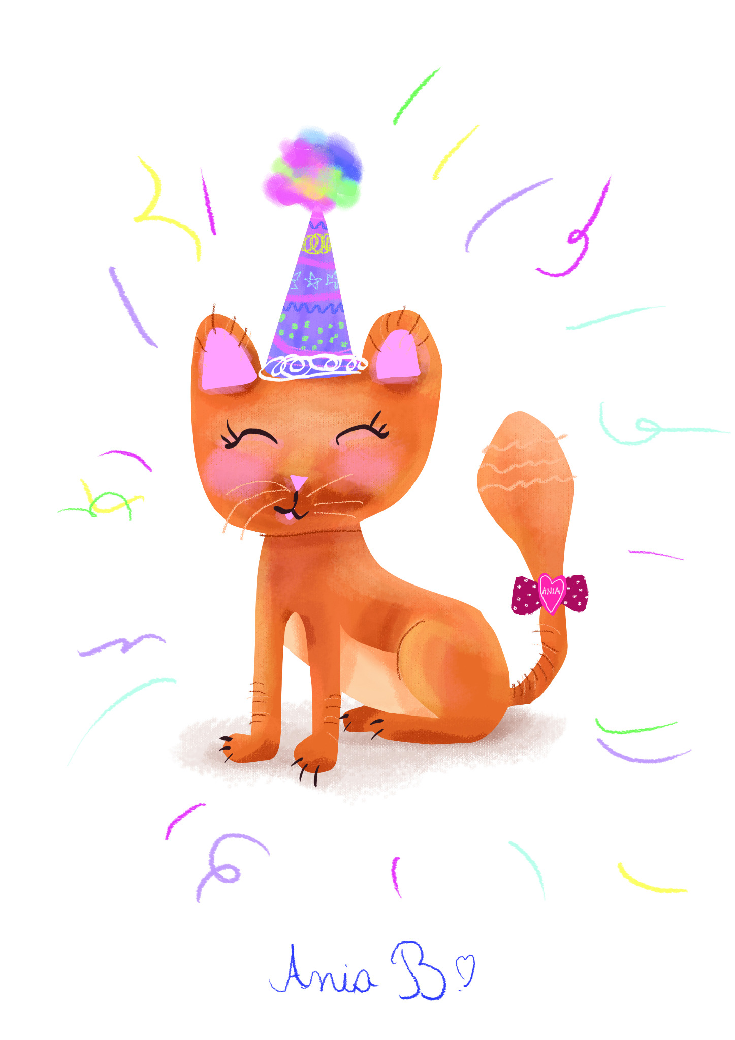 Ilustracja rudego kota w czapce urodzinowej, z kokardką na ogonie, otoczonego kolorowymi serpentynami na białym tle, podpisana 'Ania B'