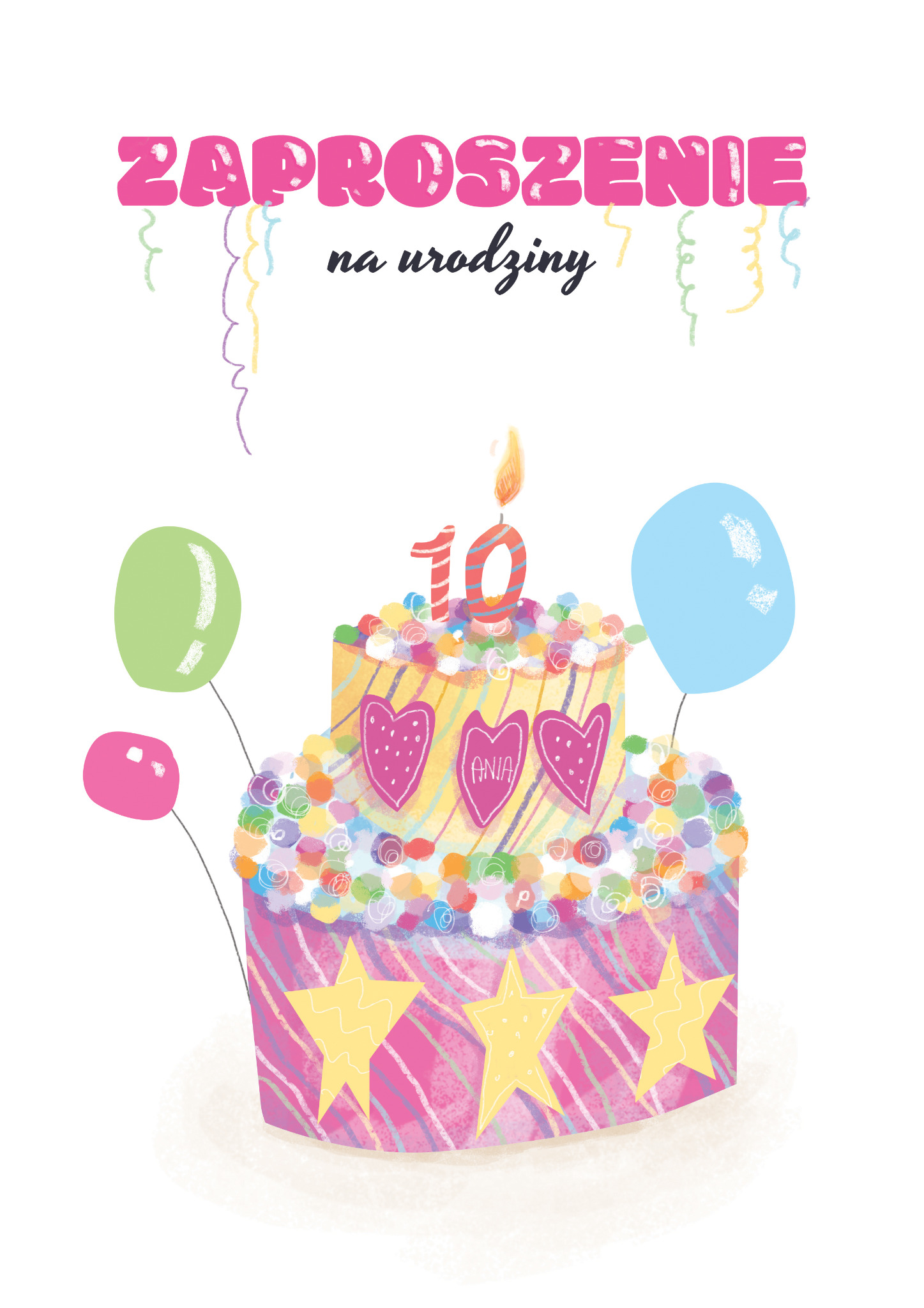Ilustracja zaproszenia na 10. urodziny z dwupiętrowym tortem, balonami i kolorowymi serpentynami.