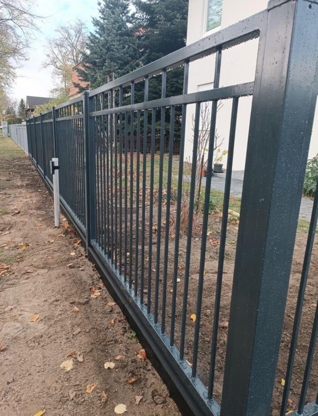 Długi fragment ciemnoszarego ogrodzenia z metalowymi prętami na posesji z drzewami i budynkiem w tle, widoczne jesienne liście na ziemi.