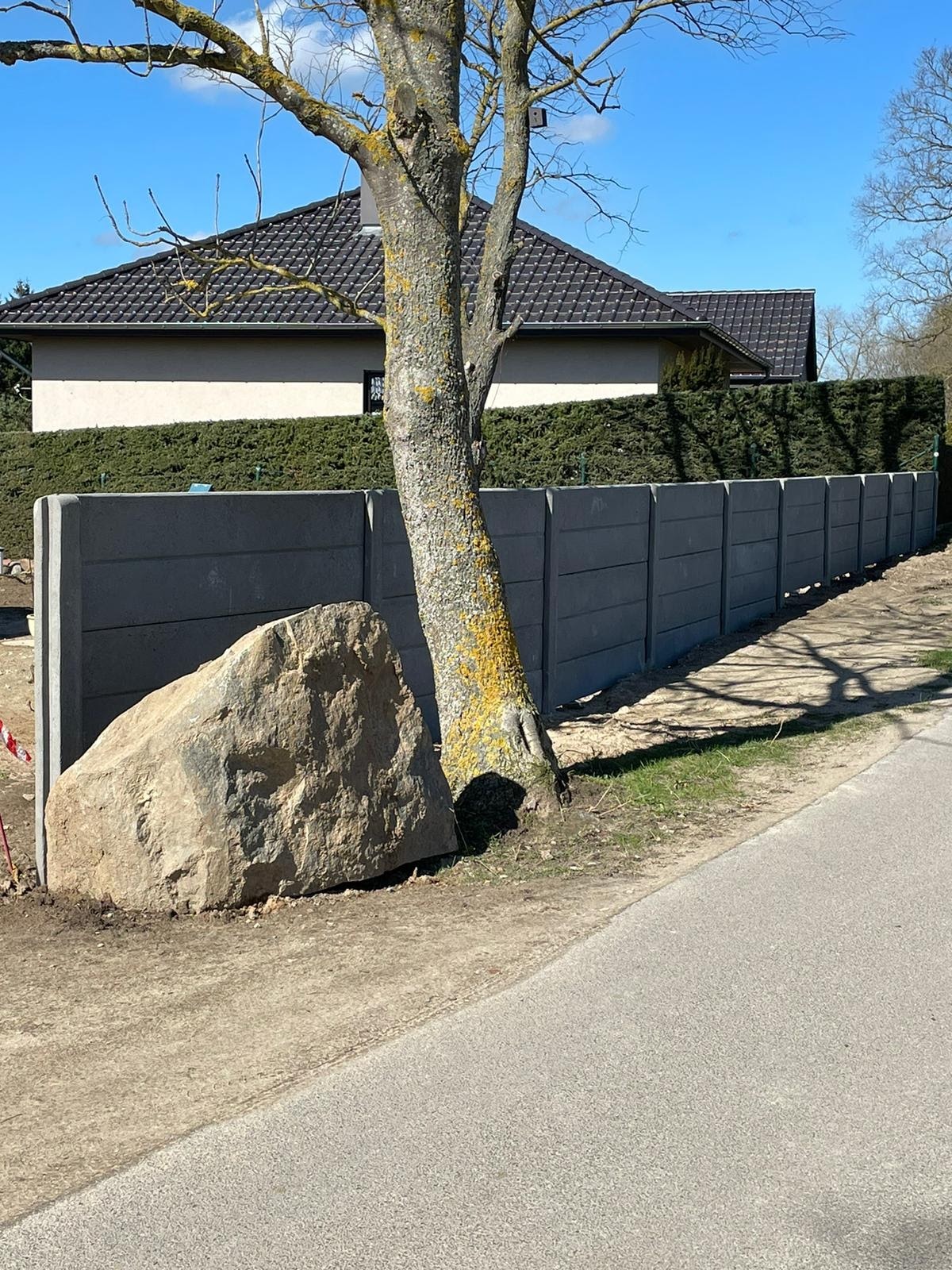 Szary, prefabrykowany płot betonowy z widocznym dużym kamieniem polnym u podstawy i drzewem z porostami na korze, na tle domu z ciemną dachówką i żywopłotu.