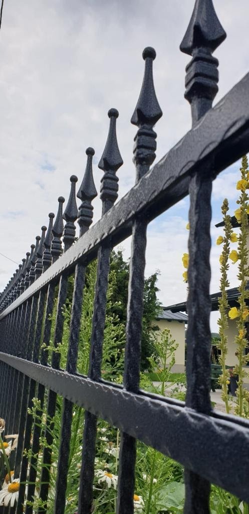 Czarny metalowy płot z ostrymi zakończeniami na tle zieleni i błękitnego nieba z chmurami.