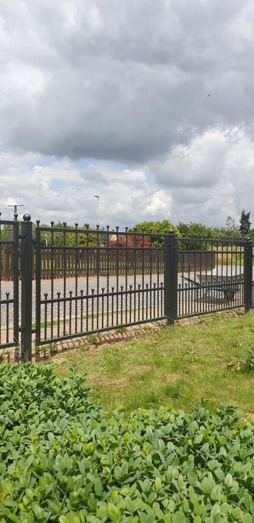 Czarny metalowy płot z kulistymi zakończeniami sztachet, widoczny z perspektywy trawnika, z pochmurnym niebem w tle.