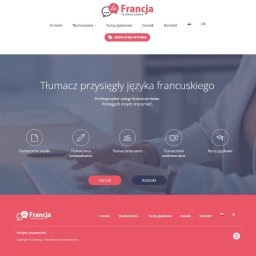Synergy Studio - Strona internetowa firmy tłumaczeniowej La Francja z nagłówkiem Tłumacz przysięgły języka francuskiego i ikonami usług: tłumaczenia zwykłe, poświadczone, ustne, audiowizualne i kursy językowe.