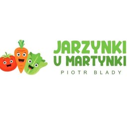 Synergy Studio - Logo firmy 'Jarzynki u Martynki Piotr Blady' z wesołymi, animowanymi warzywami: pomidorem, marchewką i sałatą na białym tle.