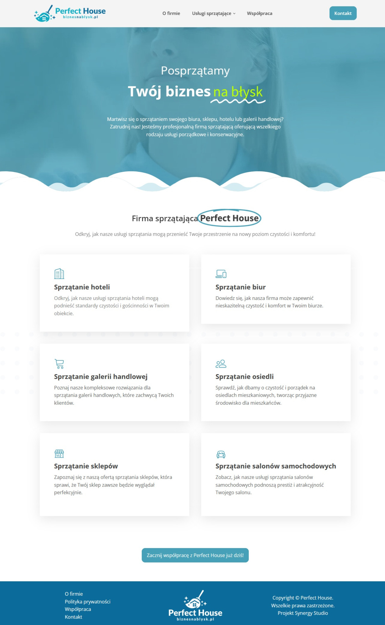Strona internetowa firmy sprzątającej Perfect House, prezentująca ofertę sprzątania hoteli, biur, galerii handlowych, osiedli, sklepów i salonów samochodowych.
