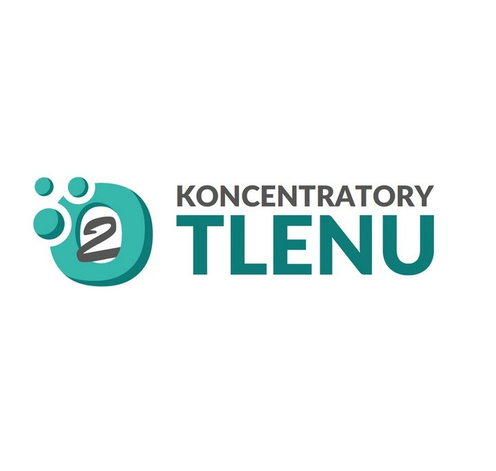 Logo firmy koncentratory tlenu z symbolem tlenu w okręgu z bąbelkami.