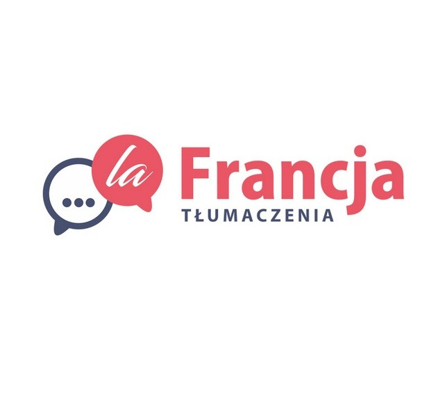 Logo firmy tłumaczeniowej 'La Francja Tłumaczenia' z dwoma dymkami dialogowymi w kolorach różowym i granatowym, na białym tle.