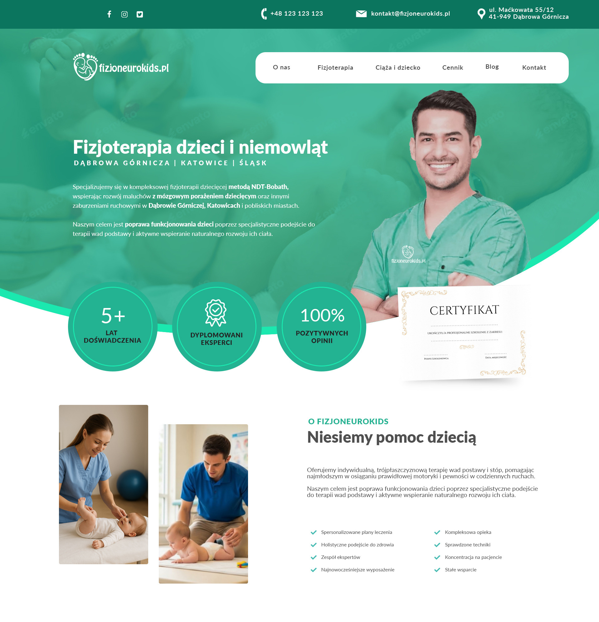 Strona internetowa fizjoterapeuty dziecięcego z uśmiechniętym lekarzem, certyfikatem i zdjęciami z terapii niemowląt. Logo: fizjoneurokids.pl.