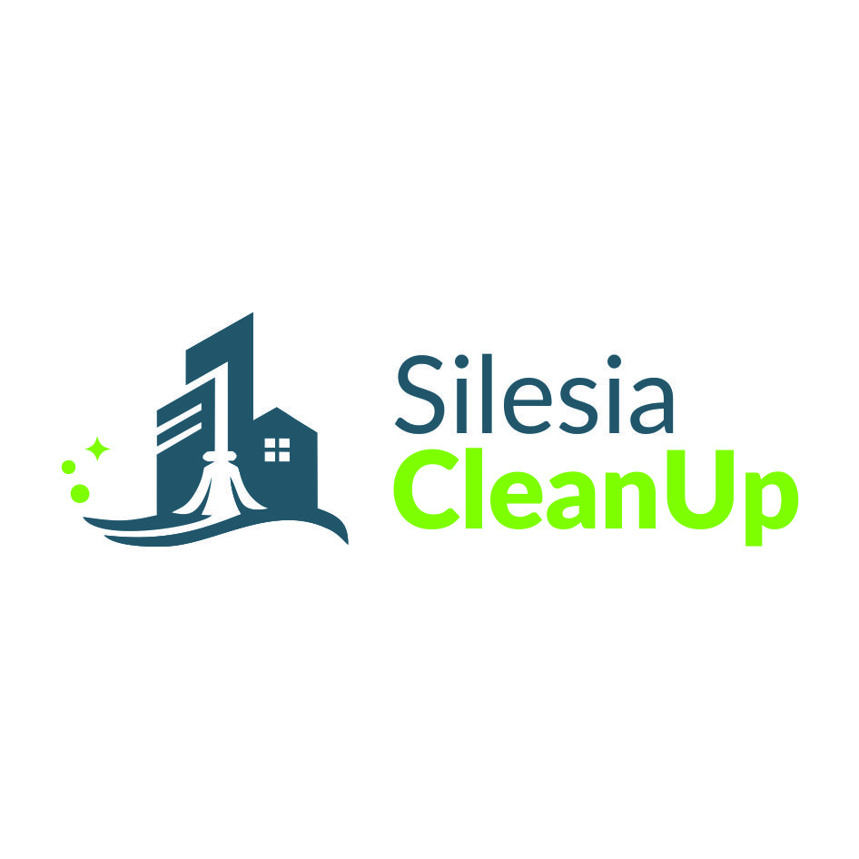 Graficzne logo firmy sprzątającej 'Silesia CleanUp' z motywem budynku i zielonymi iskrami, na białym tle. Minimalistyczny design, czcionka bezszeryfowa.