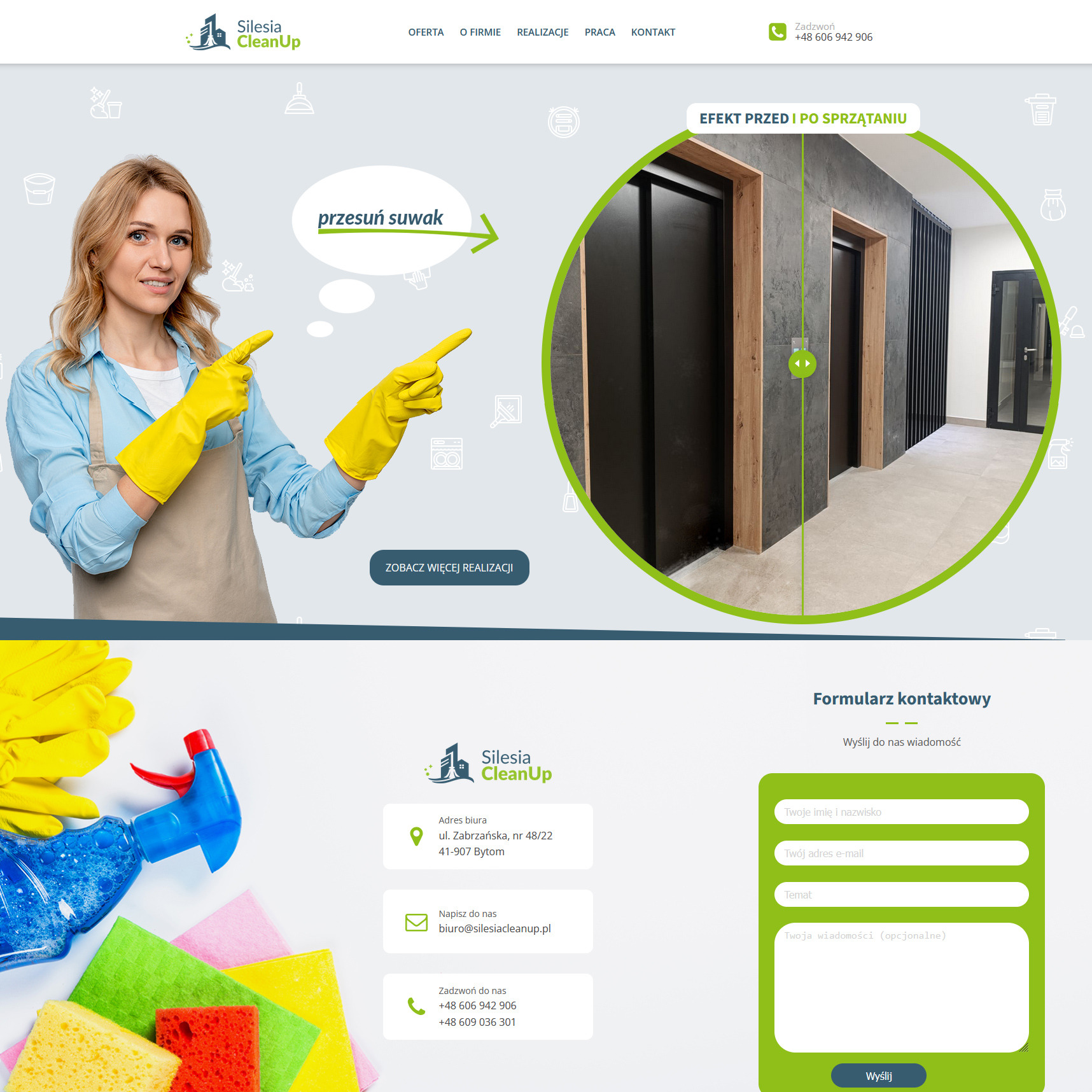 Strona internetowa Silesia CleanUp prezentuje efekt przed i po sprzątaniu. Kobieta w rękawicach wskazuje na suwak do przesuwania i porównania efektów.