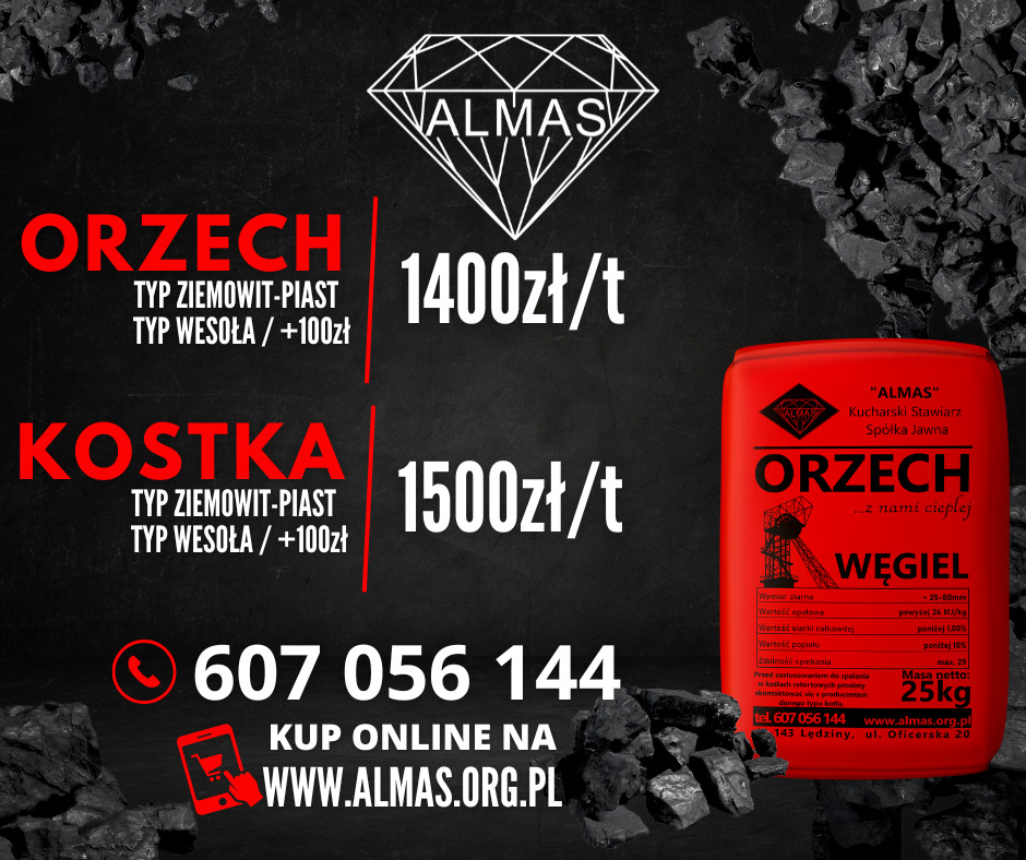 Promocja na węgiel orzech i kostkę od firmy z Lędzin, z cennikiem i danymi kontaktowymi, prezentowana na tle brył węgla i worka z węglem.