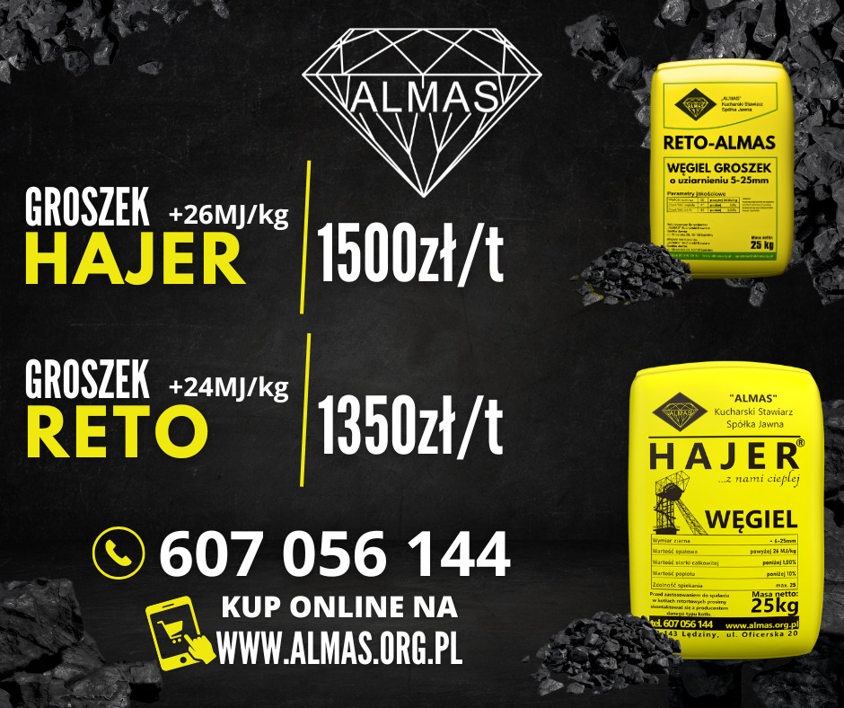 Grafika reklamowa prezentująca ceny ekogroszku Hajer i Reto firmy Almas, z informacją o możliwości zakupu online i numerem telefonu kontaktowego, na czarnym tle z bryłkami węgla.