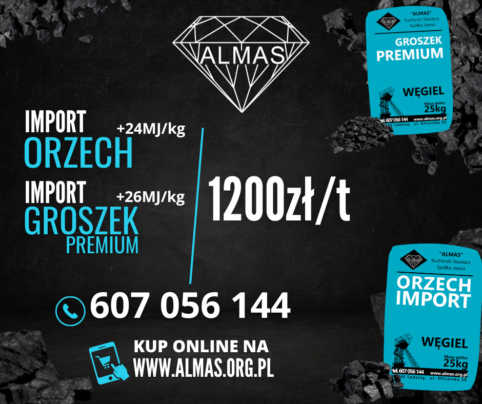 Grafika reklamowa z informacją o imporcie orzecha i groszku premium, cenie 1200zł za tonę, numerem telefonu i adresem strony internetowej, na tle węgla i logo firmy w kształcie diamentu.