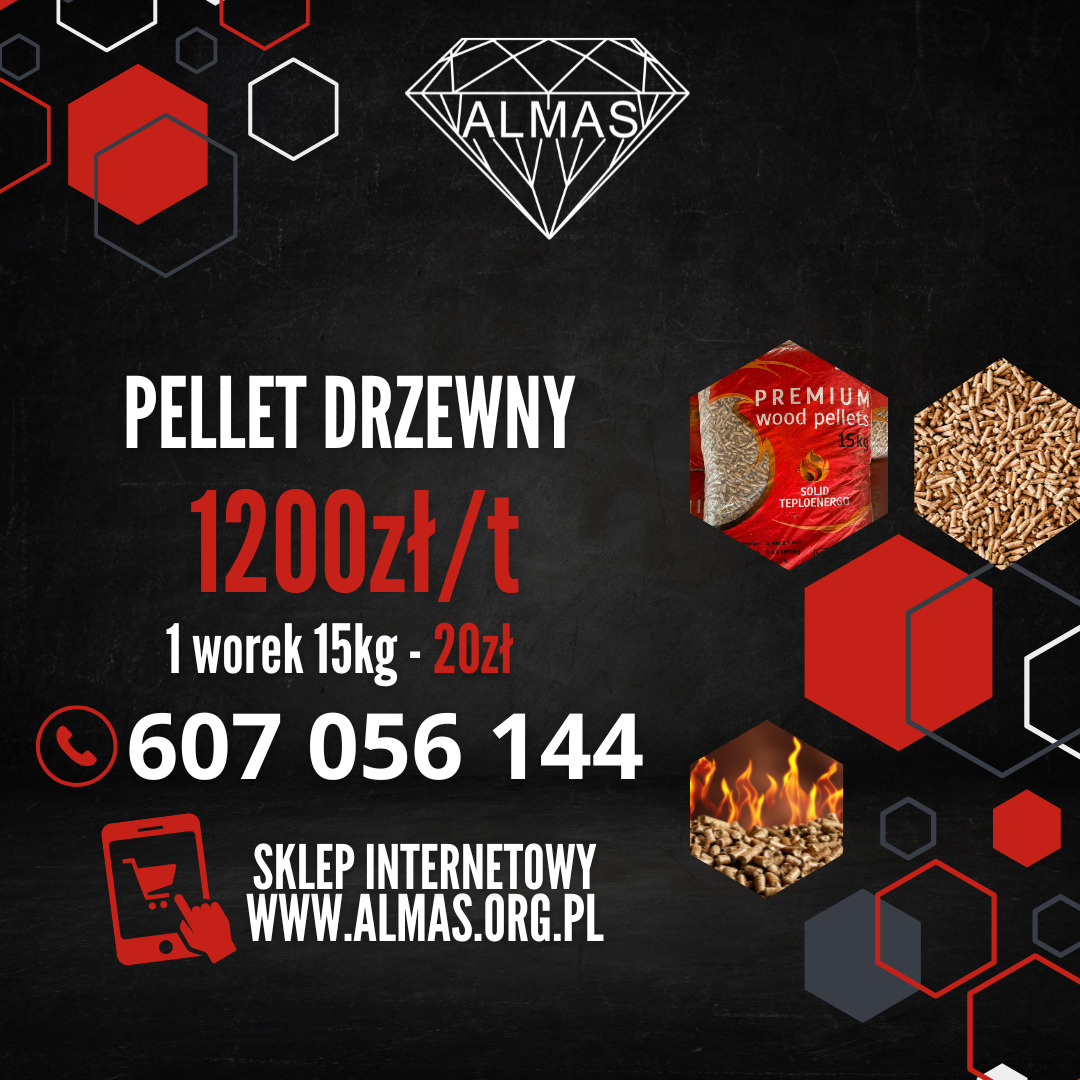 Grafika reklamowa pelletu drzewnego z ceną 1200 zł za tonę, numerem telefonu i adresem sklepu internetowego Almas, przedstawiona na czarnym tle z geometrycznymi elementami i wizualizacją worka...