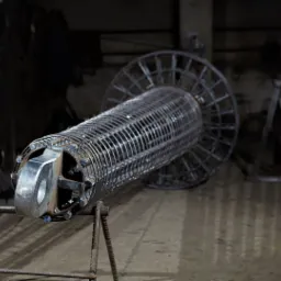 Metalowy szkielet cylindryczny z uchwytem, spawany z prętów, ustawiony na metalowym stojaku w warsztacie.