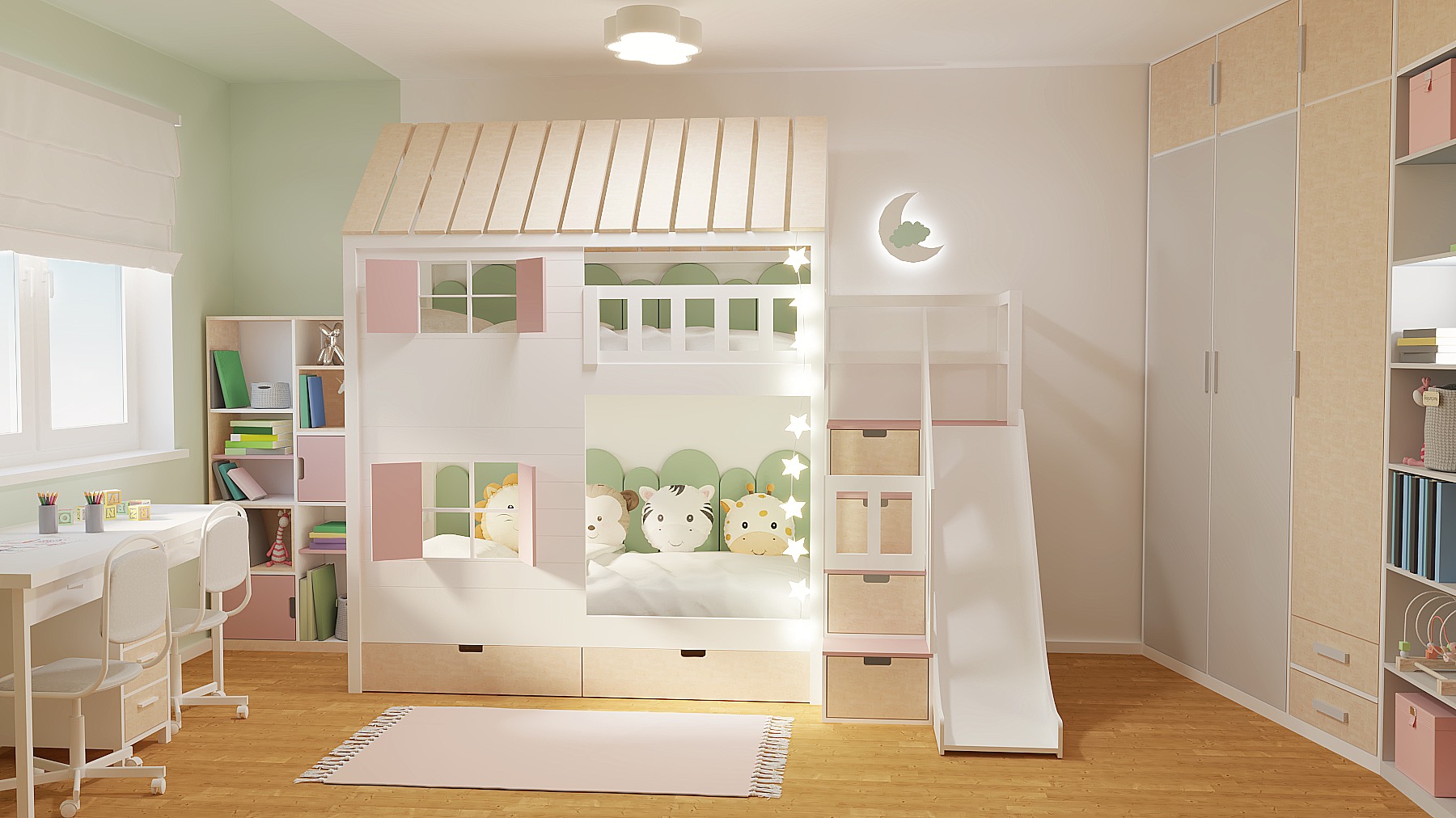 Pokój dziecięcy z łóżkiem w kształcie domku z antresolą, biurkiem i szafą, utrzymany w pastelowej kolorystyce z motywami zwierzęcymi.