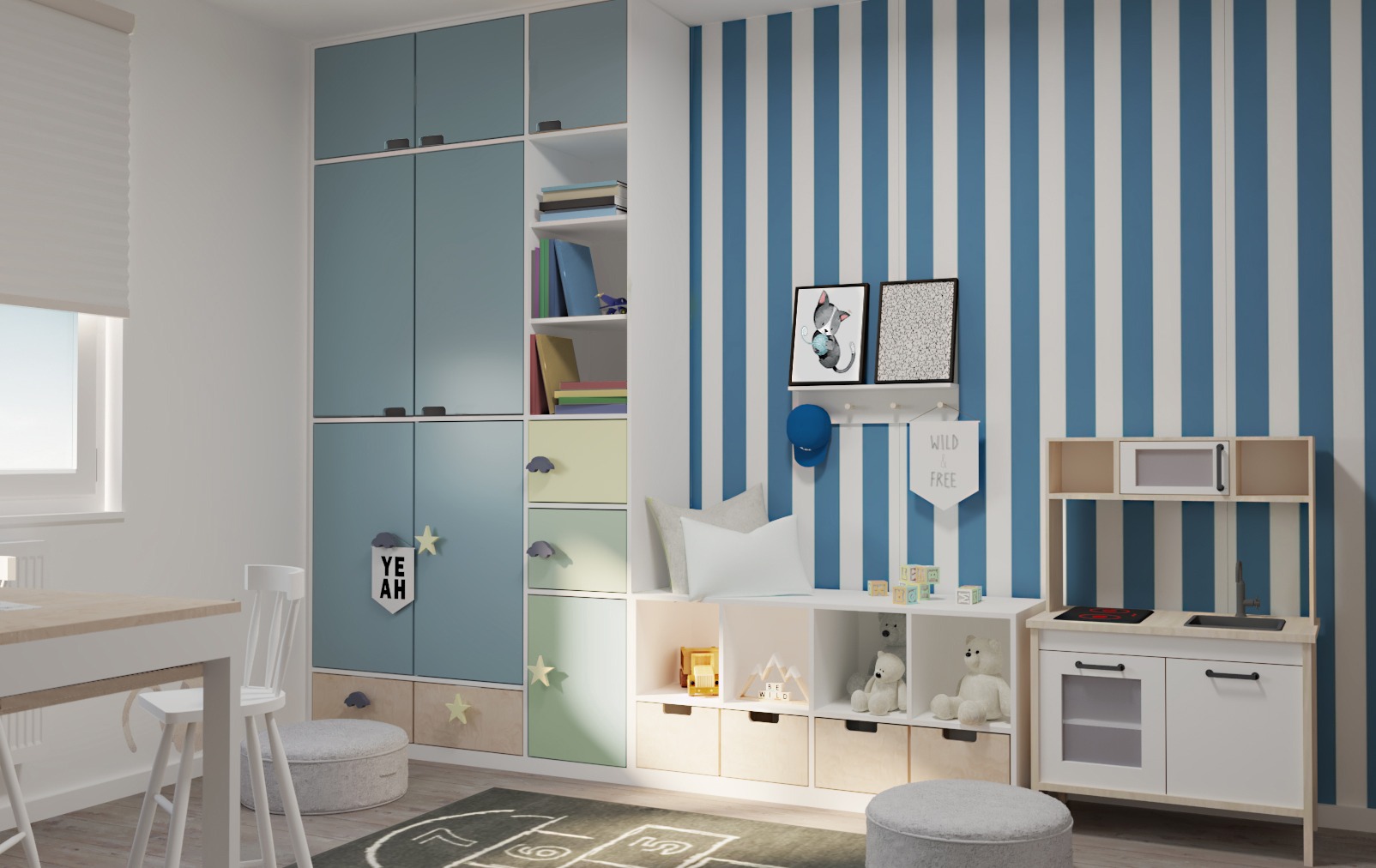 Pokój dziecięcy z zabudową meblową w pastelowych kolorach, szafami z dekoracyjnymi uchwytami w kształcie chmurek i gwiazdek, oraz białą, drewnianą kuchnią dla dzieci na tle ściany...