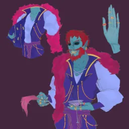 Ilustracja postaci: turkusowa skóra, czerwona broda, bogato zdobiony strój w odcieniach fioletu i złota, liczne pierścienie, trzymająca koktajl z okiem w środku, na ciemnym tle.