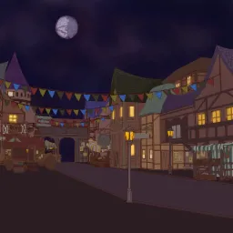 Ilustracja przedstawiająca nocny widok średniowiecznego miasta z budynkami, straganami i flagami, oświetlonego lampionami i księżycem.