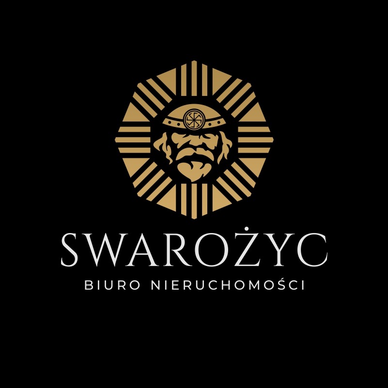 Złote logo biura nieruchomości Swarożyc na czarnym tle, przedstawiające stylizowaną głowę mężczyzny w hełmie w geometrycznym obramowaniu.