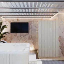 Nowoczesna łazienka z marmurowymi ścianami, białą wanną z hydromasażem, szklanym sufitem z żaluzjami, i telewizorem na ścianie.