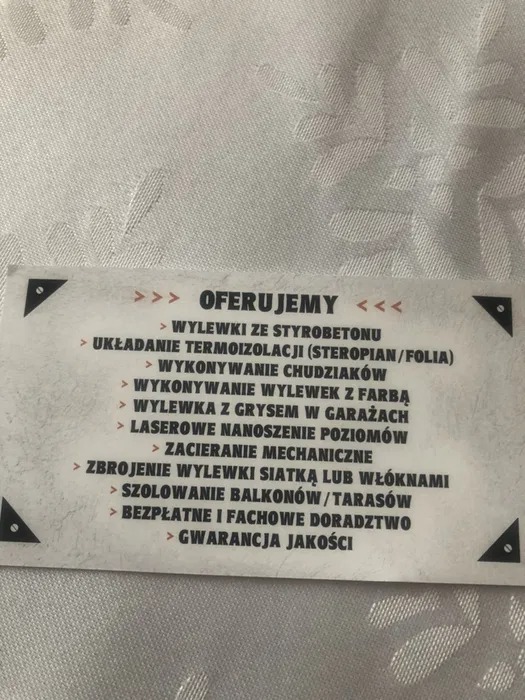 Broszura reklamowa firmy oferującej wylewki ze styrobetonu, termoizolacje, chudziaki, wylewki z farbą i grysem, laserowe nanoszenie poziomów, zacieranie mechaniczne, zbrojenie wylewek, szalowanie...