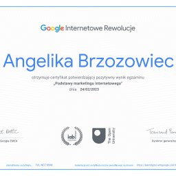 Certyfikat potwierdzający ukończenie kursy z "Podstaw marketingu internetowego" prowadzonego przez Internetowe Rewolucje Google