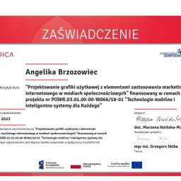 Zaświadczenie z kursu "Projektowanie grafiki użytkowej z elementami zastosowania marketingu internetowego w mediach społecznościowych" prowadzonego przez Wyższą Szkołę Gospodarki w Bydgoszczy poprzez platformę Navoica.