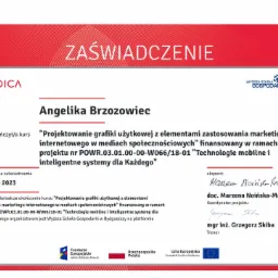 Skan zaświadczenia o ukończeniu kursu Projektowanie grafiki użytkowej z elementami marketingu internetowego w mediach społecznościowych, wydanego przez Wyższą Szkołę Gospodarki w Bydgoszczy.