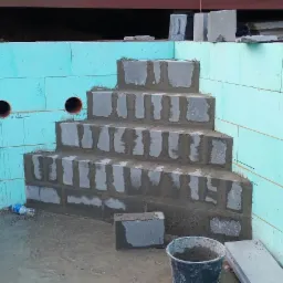 Wewnętrzne schody z szarej cegły w trakcie budowy, widoczne ślady zaprawy, ściany z niebieskiego styropianu z okrągłymi otworami, butelka wody i wiadro na podłodze.