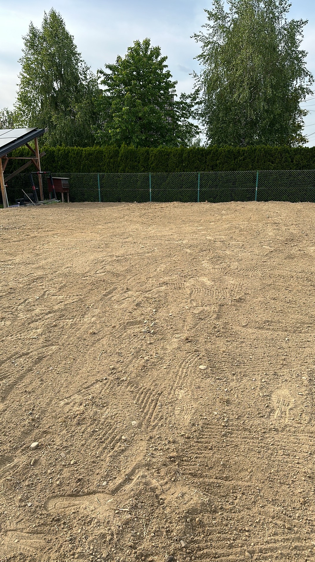 Przygotowany teren pod trawnik, widoczne ślady po maszynach, w tle zielony żywopłot i drzewa.