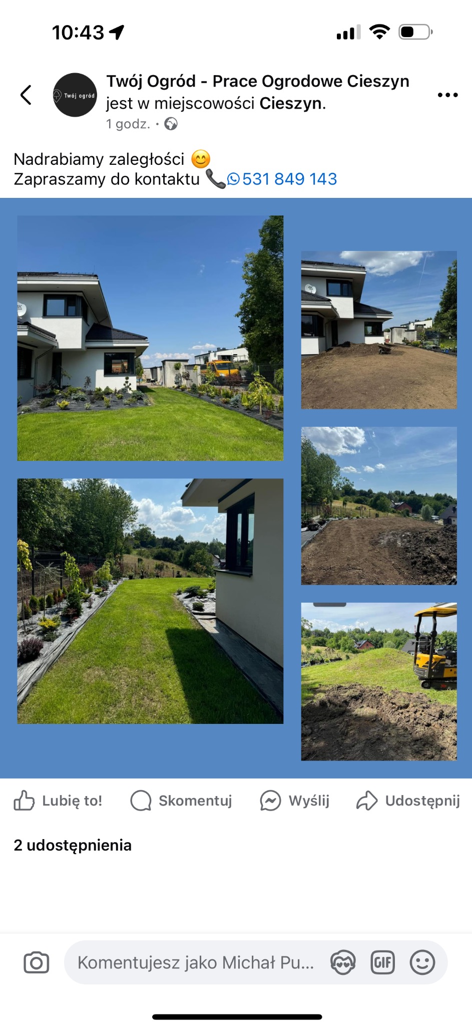 Kompozycja zdjęć ogrodu: trawnik przy nowoczesnym domu z rabatami, przygotowanie terenu pod trawnik oraz mini koparka w trakcie prac ziemnych.