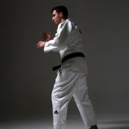 Młody mężczyzna w białym judogi z czarnym pasem, w pozycji gotowości do walki, profil, logo Adidas na spodniach.